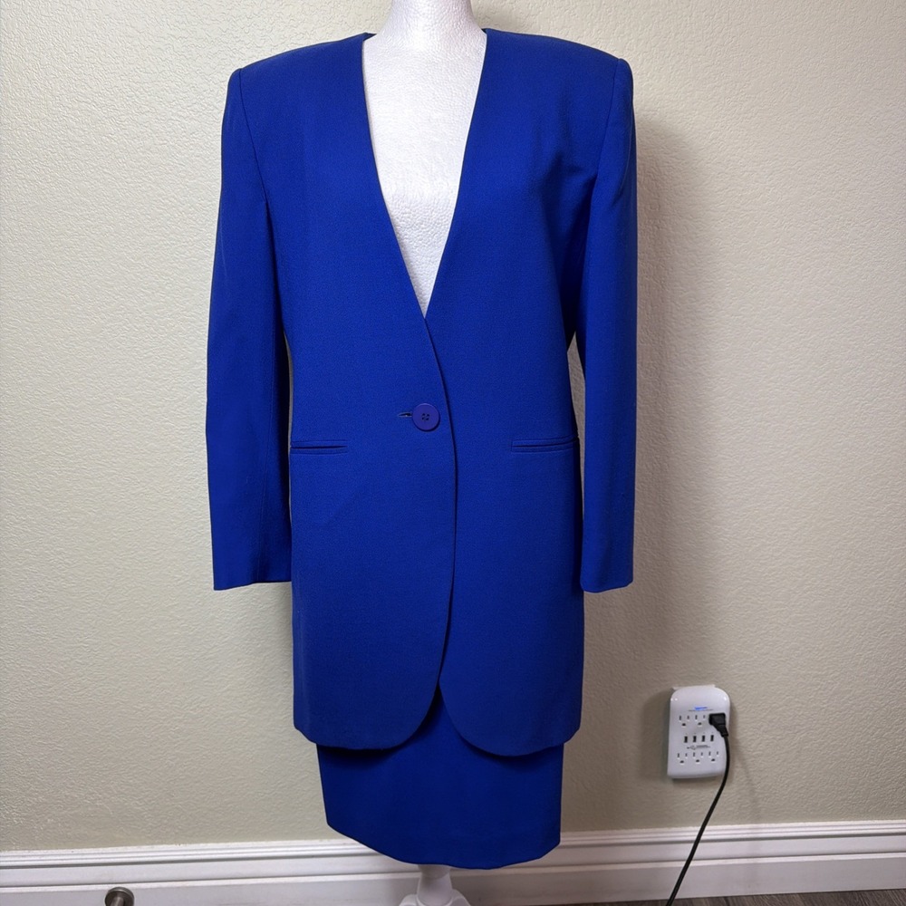 Jones New York 4 Women Cobalt Blue Wool Skirt Suit Vintage Pockets Blazer Career